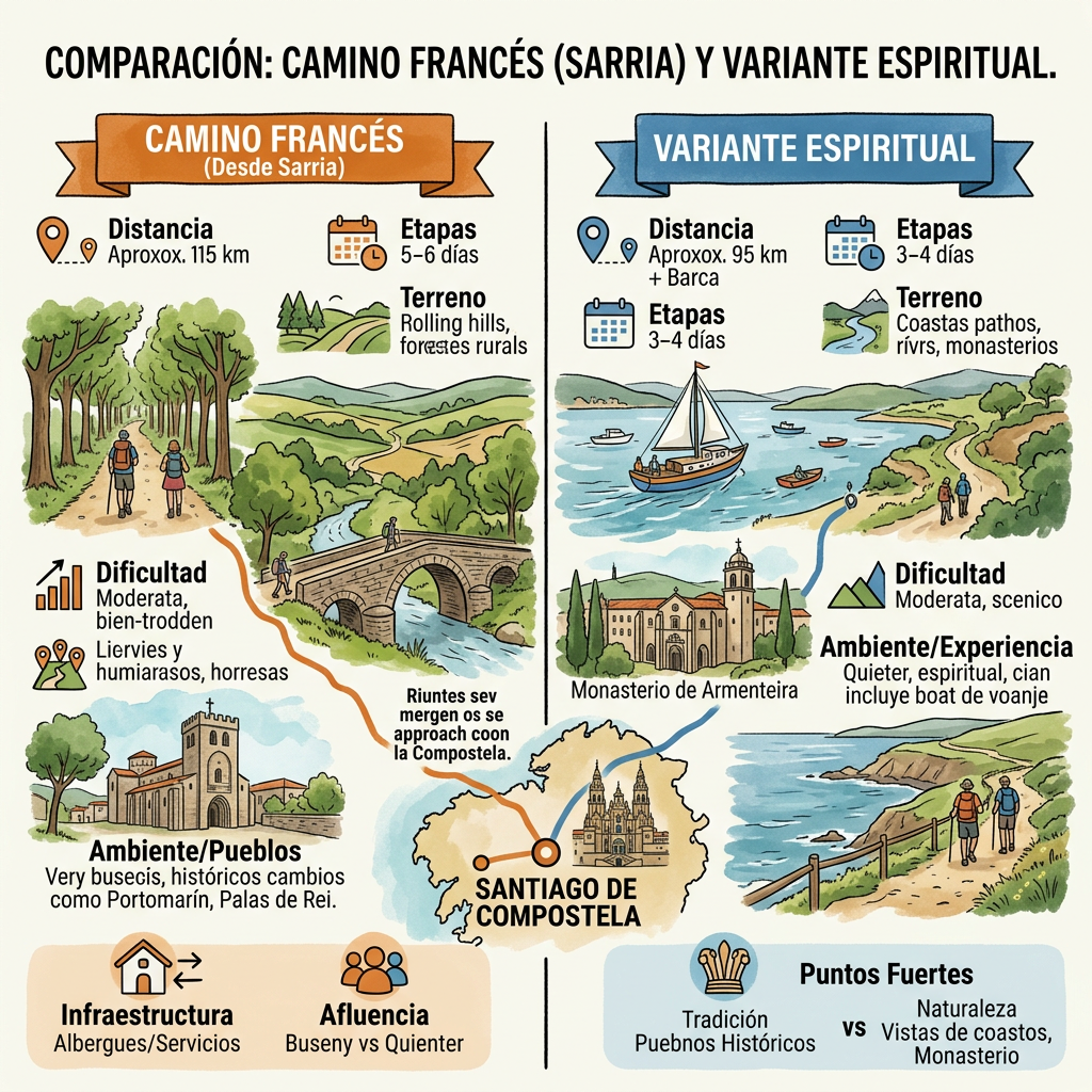 Illustrated comparison of Camino Francés and Variante Espiritual routes to Santiago de Compostela with distance, terrain, difficulty, and key features.